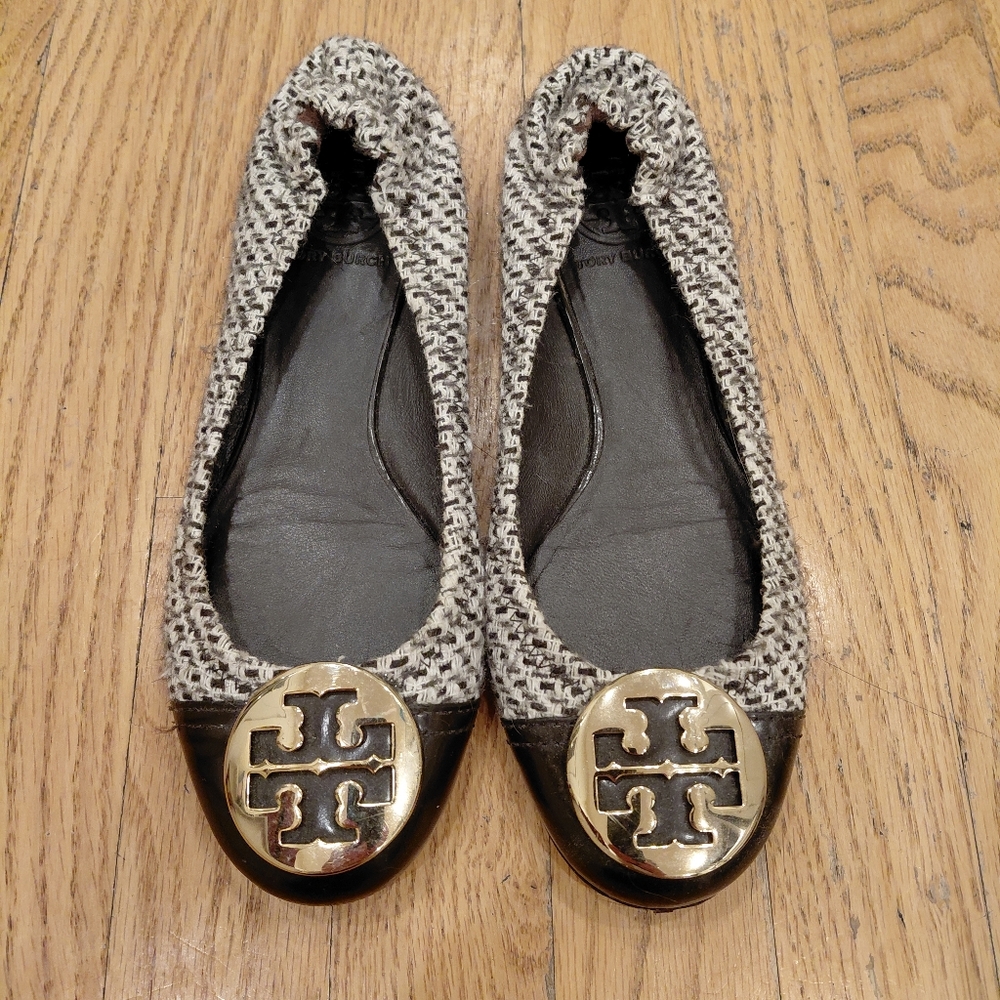 TORY BURCH | Serena Reva Black/White Tweed Leather Ballet Flats Size 7 M